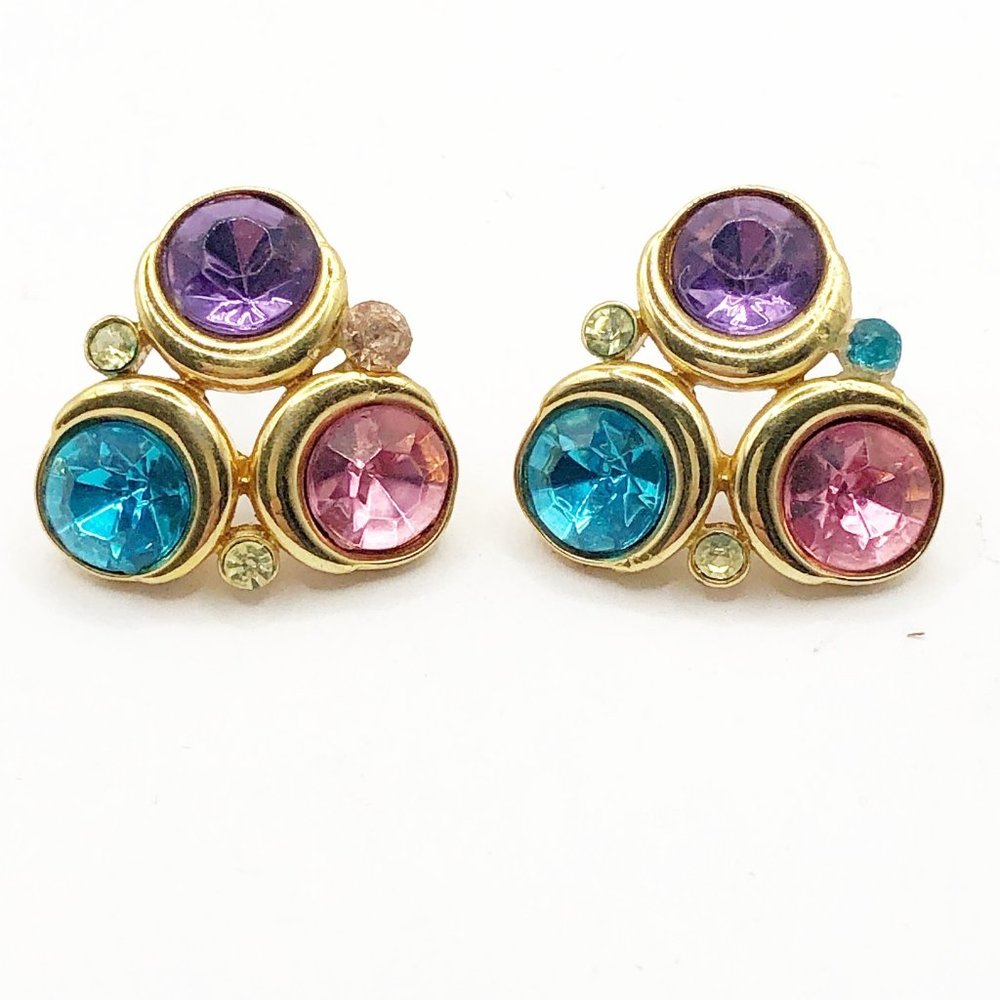 Vintage Trifari Post Earrings Pink, Purple & Blue Rhinestones Gold Tone Setting